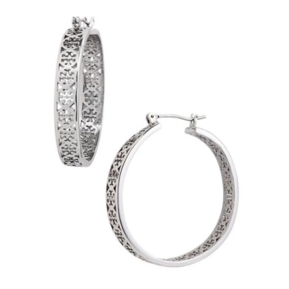 Tory Burch Large Silver Kinsley Hoop Earrings NWT‎